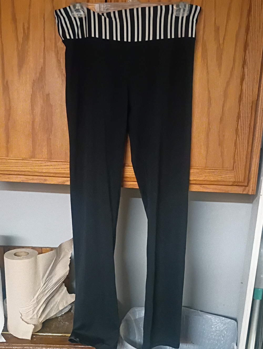 Black Yoga Pants with Striped Waistband - Women's Comfortable Stretch Leggings